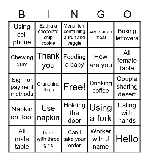 Jamie's 13th Birthday Panera Bingo Card