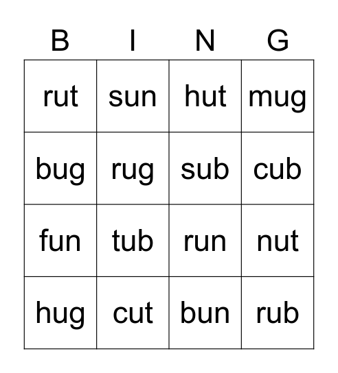 Short u Bingo Card