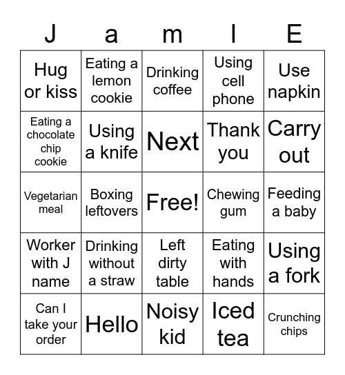 Jamie's 13th Birthday Panera Bingo Card
