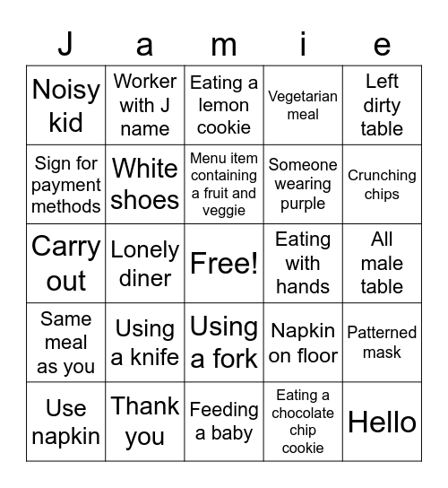 Jamie's 13th Birthday Panera Bingo Card