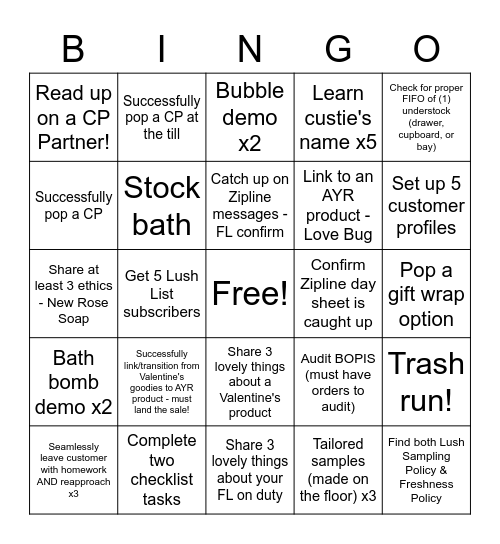 Lush Stanford Weekend Bingo Card