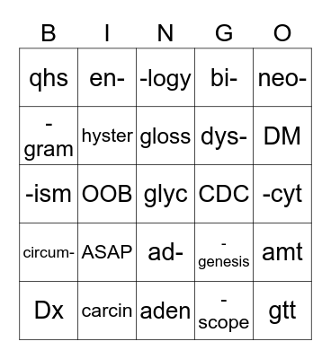 Medical Terminology Bingo Card