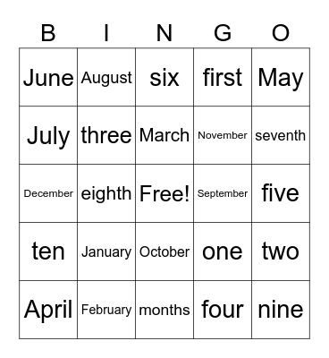 NC: Numbers and Months Bingo Card