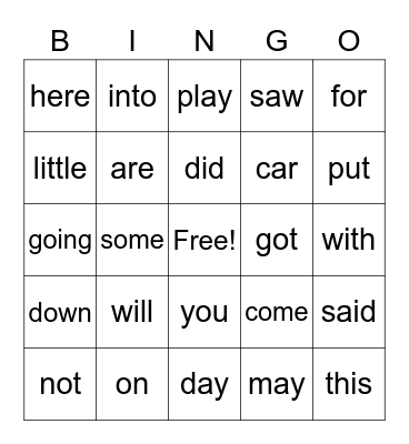 Sight Words Set 1 Bingo Card