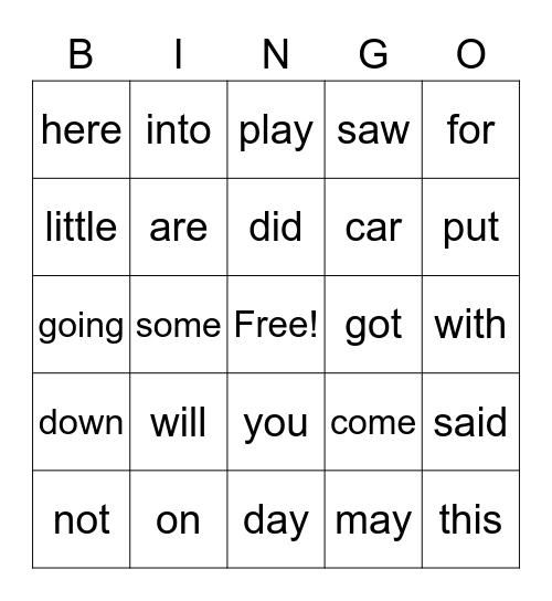 Sight Words Set 1 Bingo Card
