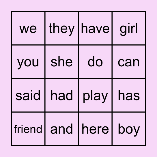 Zingo! Sight Words Bingo Card