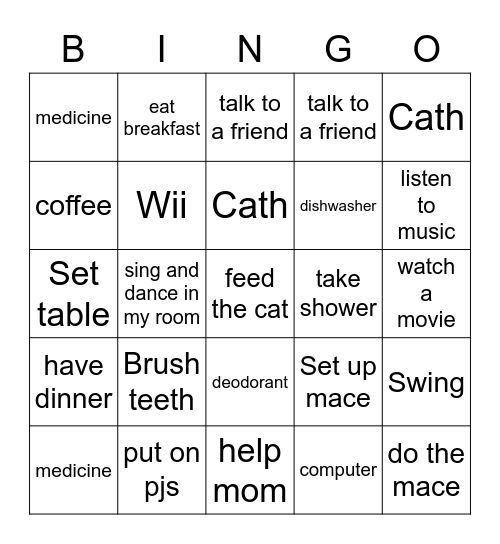 Every day routines Bingo Card