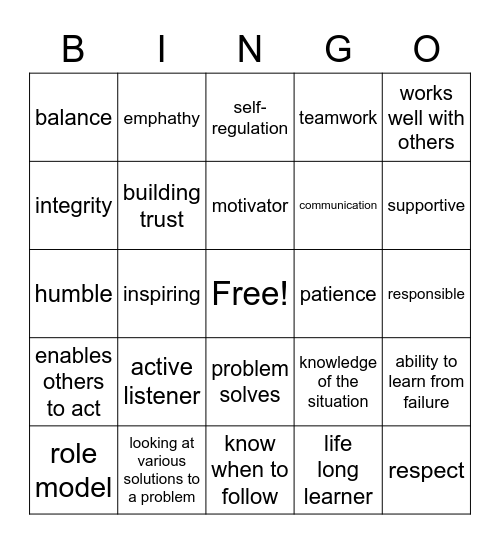 Leadership Attributes Bingo Card