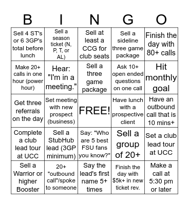 FSU Outbound Sales BINGO Card