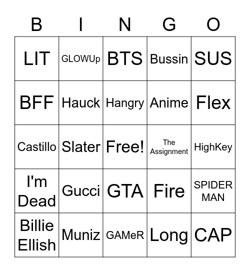 Middle School Bingo Card