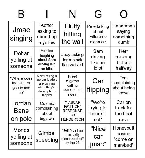 eSpark Raceday Bingo Card