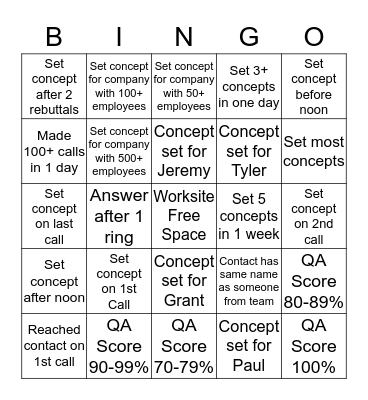 Inside Sales BINGO Card
