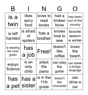 Icebreaker Bingo Card