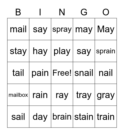 ai and ay words Bingo Card