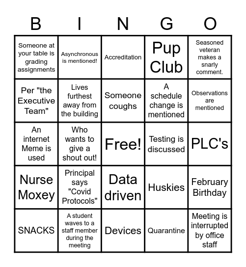 Staff Meeting Bingo Card