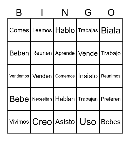 Spanish AR/ER/IR Conjugations Bingo Card