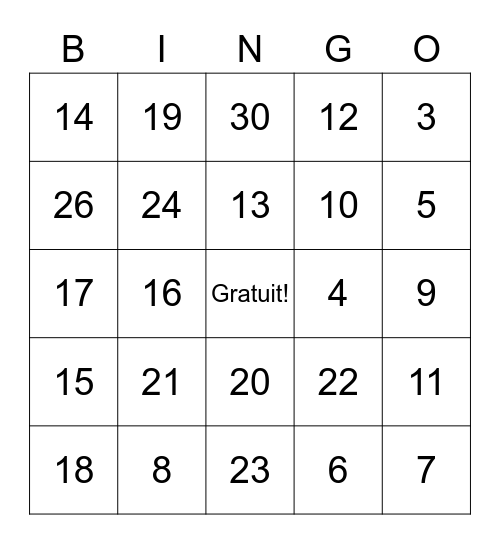 French Numbers! Bingo Card