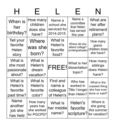 Helen's Retirement  Bingo Card