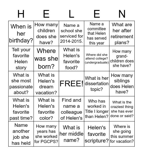 Helen's Retirement  Bingo Card