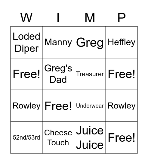 Diary of A Wimpy Kid Bingo Card