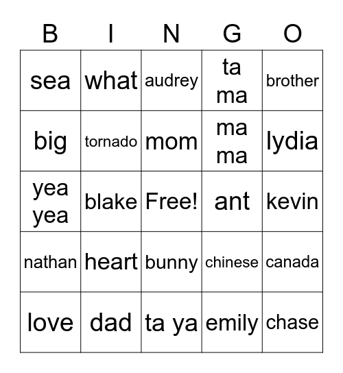 Hayley's Bingo Card Bingo Card