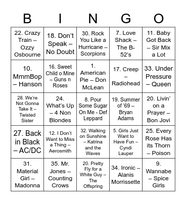 Music Bingo Card