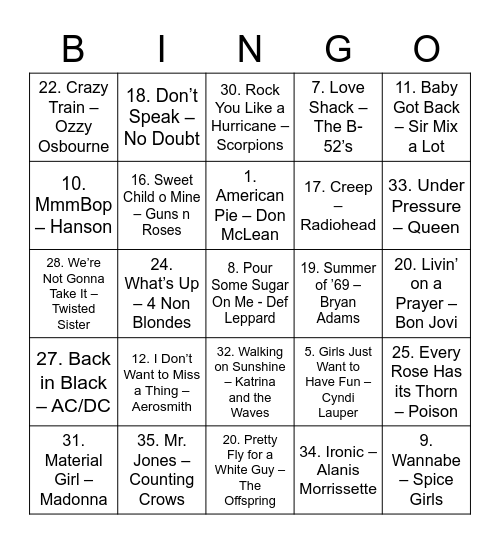 Music Bingo Card