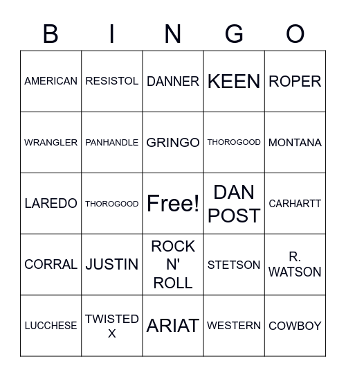 BOOTS ETC BINGO Card