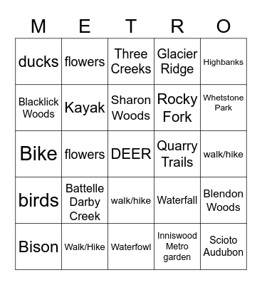METRO PARK BINGO Card