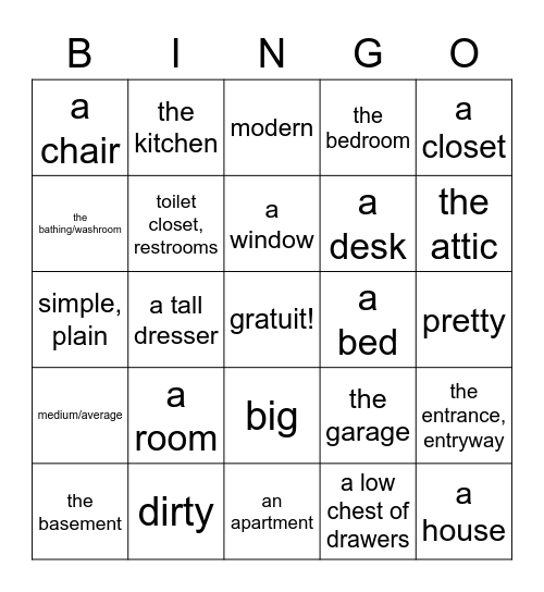 La Maison (en anglais) Bingo Card