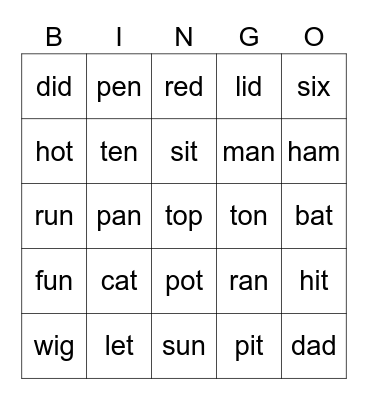 short vowels Bingo Card