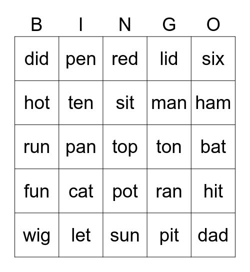 short vowels Bingo Card
