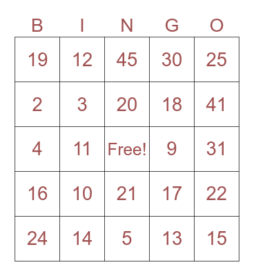 number bingo. Bingo Card