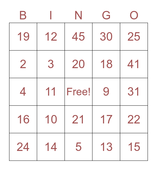 number bingo. Bingo Card
