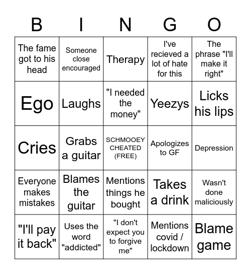 schmooey apology bingo Card