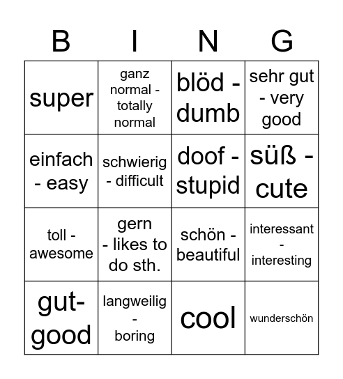 Adjektive BF bis L5 Bingo Card