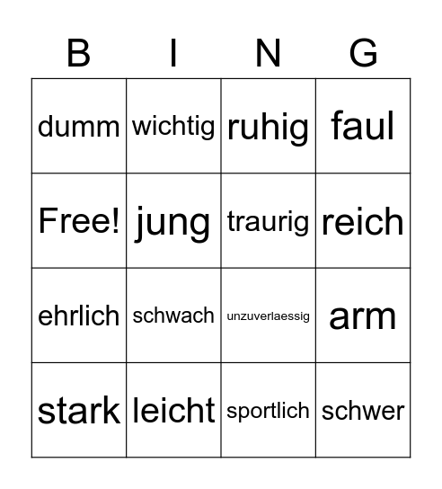 Adjektive Bingo Card
