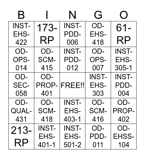 OD-PDD-11 BINGO Card