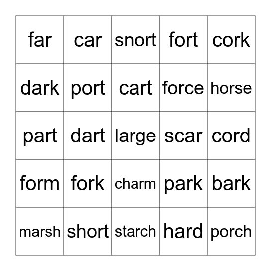 ar or words Bingo Card