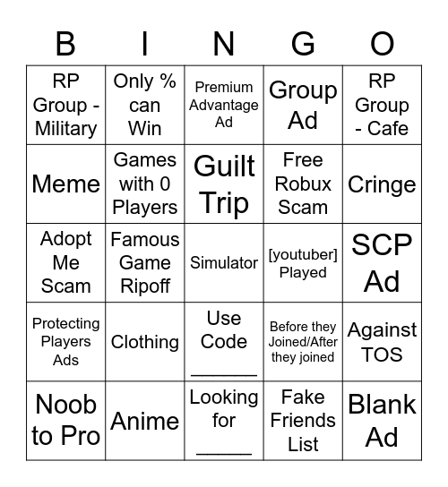 ROBLOX Ad Bingo Card