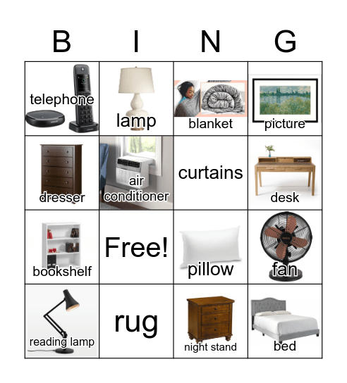 Bedroom Vocabulary Bingo Card