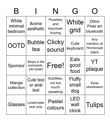 Asian Lifestyle Vlogger Bingo Card