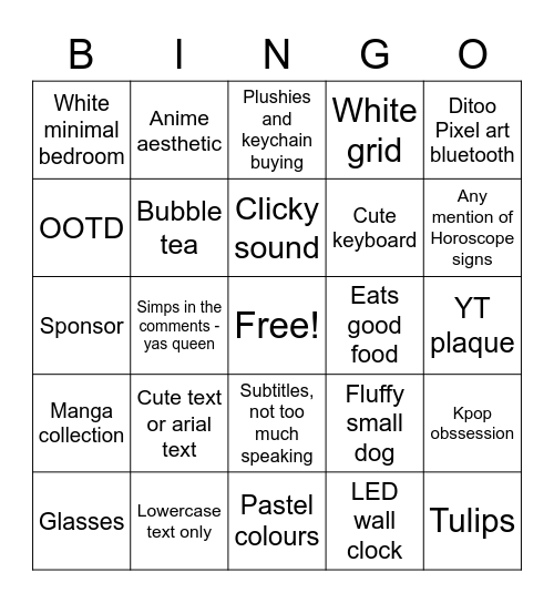 Asian Lifestyle Vlogger Bingo Card