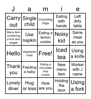 Jamie's 13th Birthday Panera Bingo Card