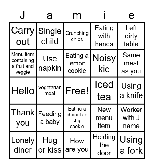 Jamie's 13th Birthday Panera Bingo Card