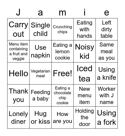 Jamie's 13th Birthday Panera Bingo Card