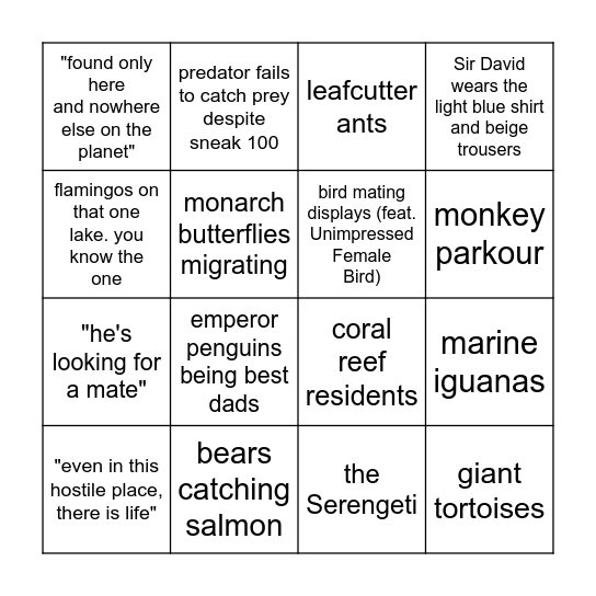 Nature Documentary Bingo Card