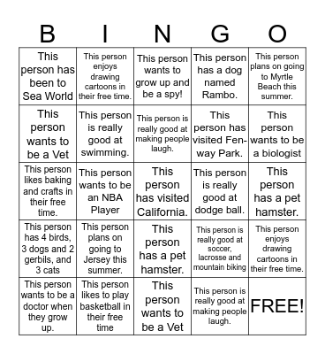 My Many Interests Mystery Bingo Card