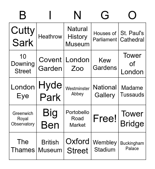 London Sights Bingo Card