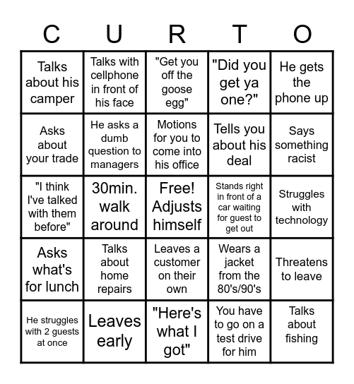 Curt Bingo Card